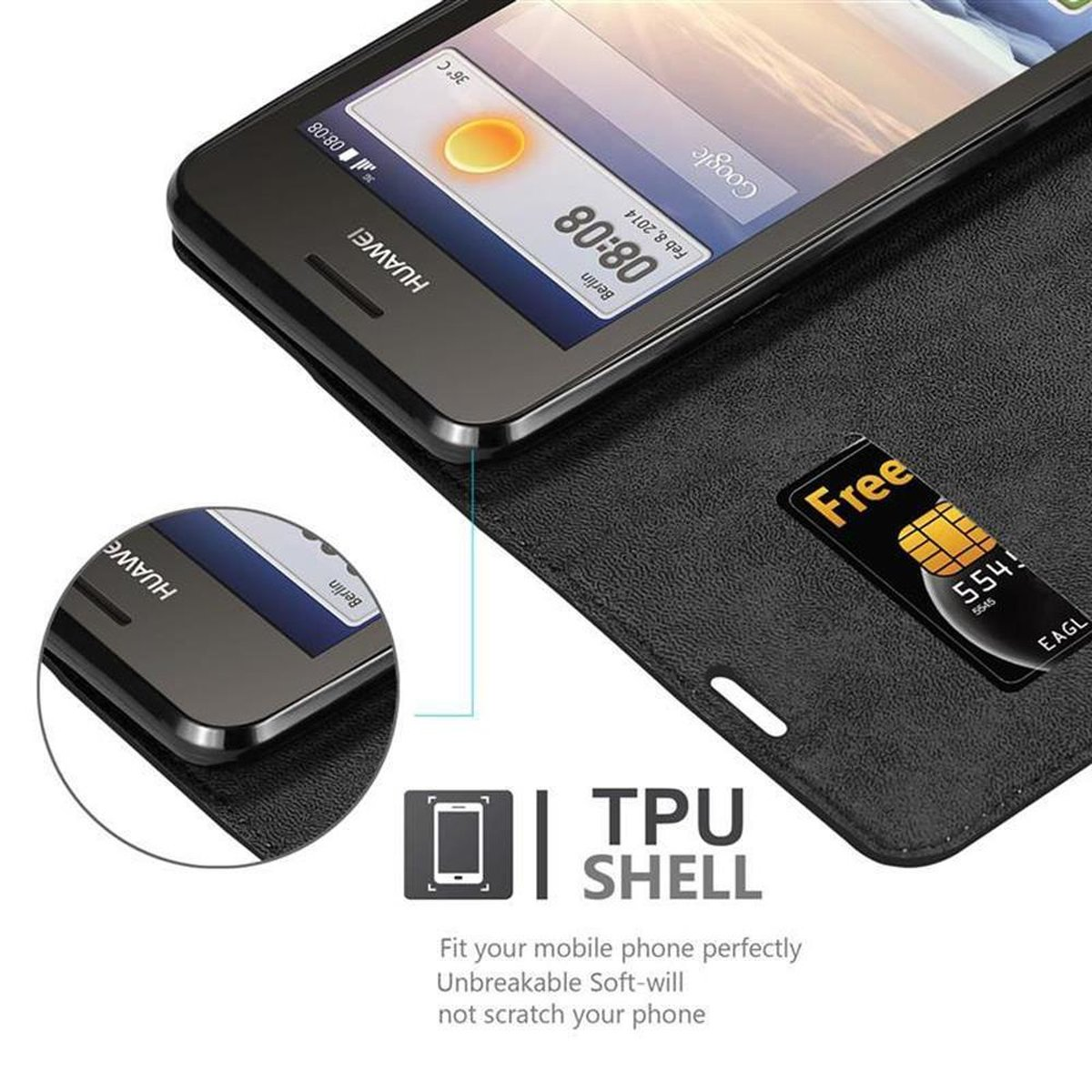 Un telefono in una custodia nera, aperto. Lo schermo mostra un'interfaccia Huawei e una SIM card.