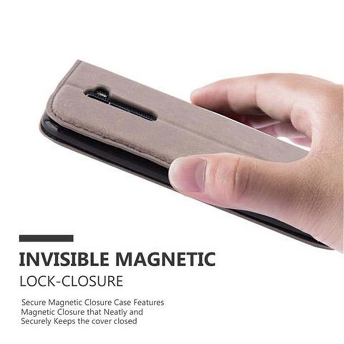 Una mano che tiene una custodia per telefono, il testo recita 'INVISIBLE MAGNETIC LOCK-CLOSURE'.