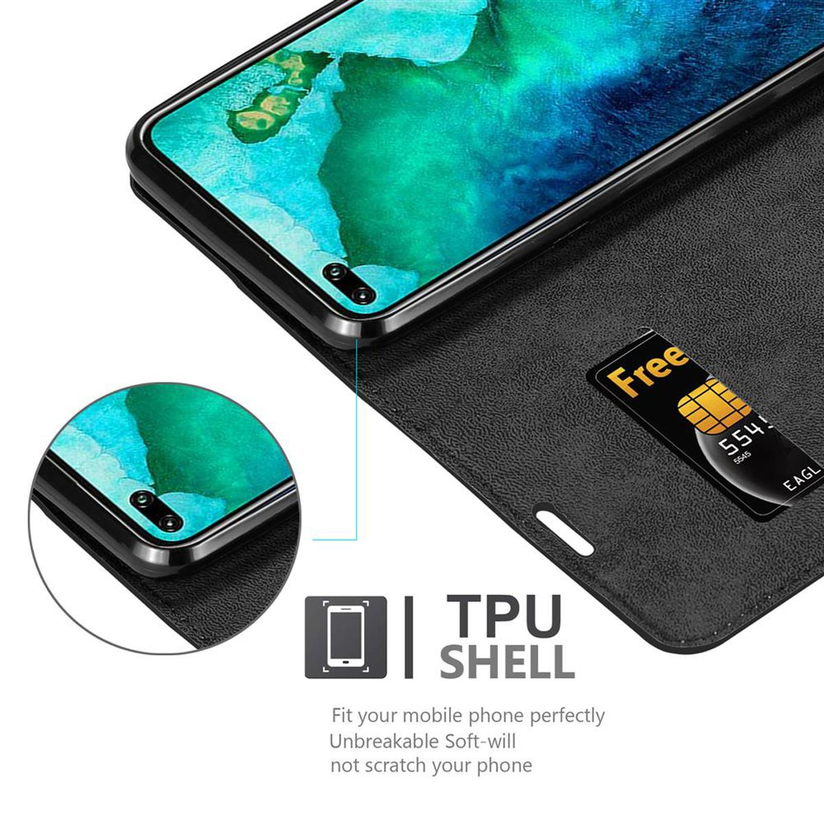 Schwarze Handyhülle mit Telefon darin. Details der Hülle und des Telefonbildschirms.