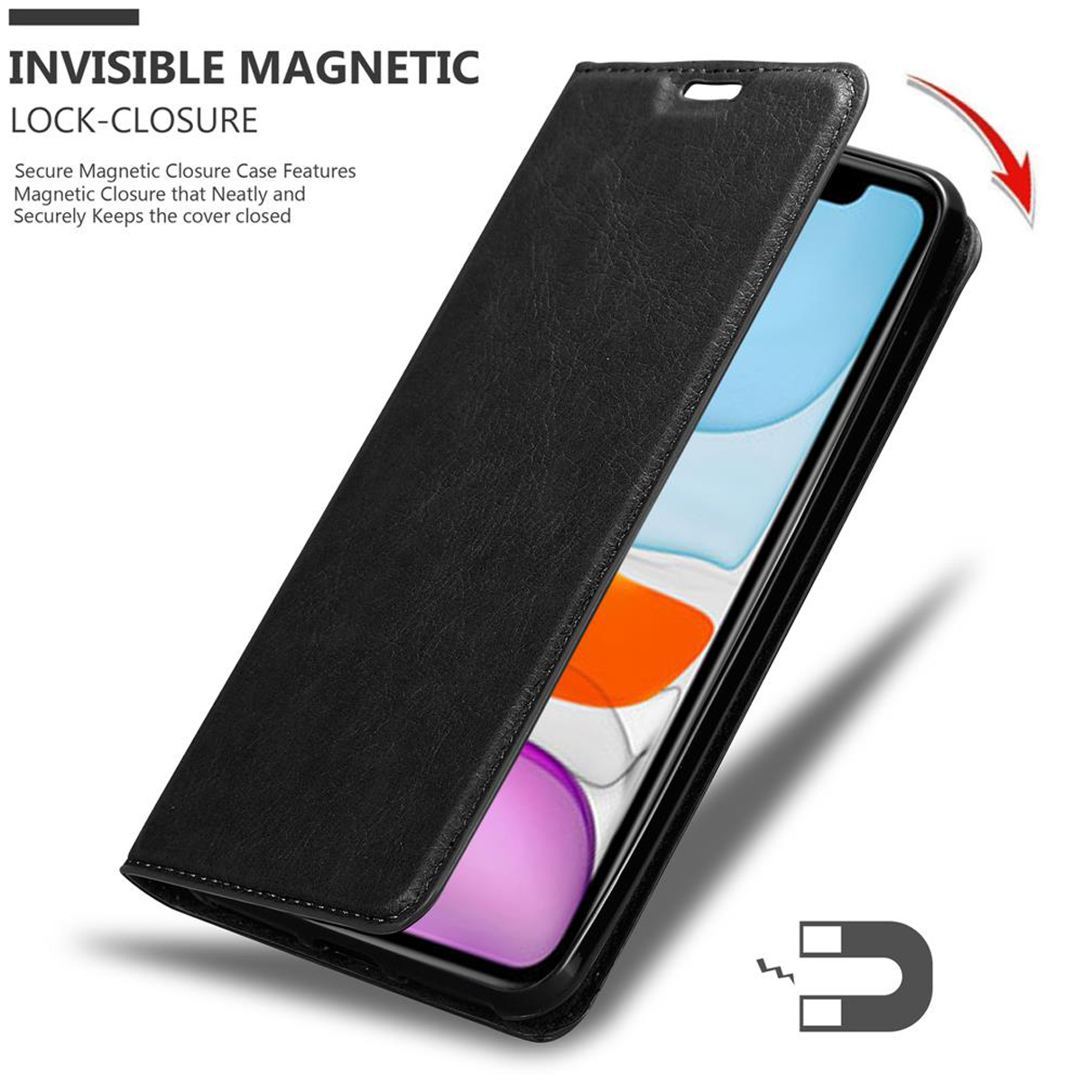 Custodia nera con chiusura magnetica, telefono all'interno. Simbolo del magnete. Sfondo bianco.
