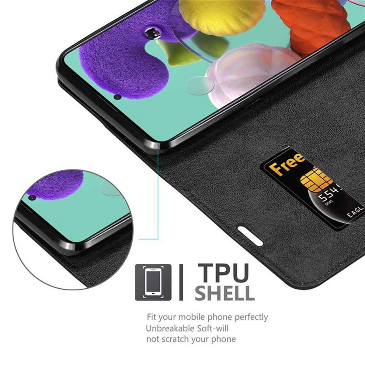 Telefon in einer schwarzen TPU-Schalenhülle, mit einer sichtbaren Karte. Die Hülle ist offen und zeigt den Telefonbildschirm.