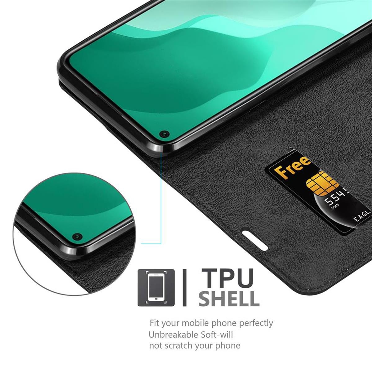 Custodia nera per telefono con telefono all'interno, slot per schede e testo 'TPU SHELL'.