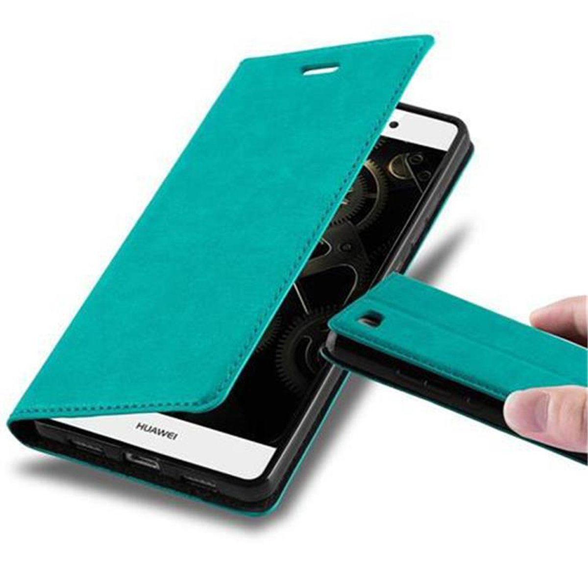 Funda de teléfono turquesa, con el teléfono dentro y una cubierta plegada.