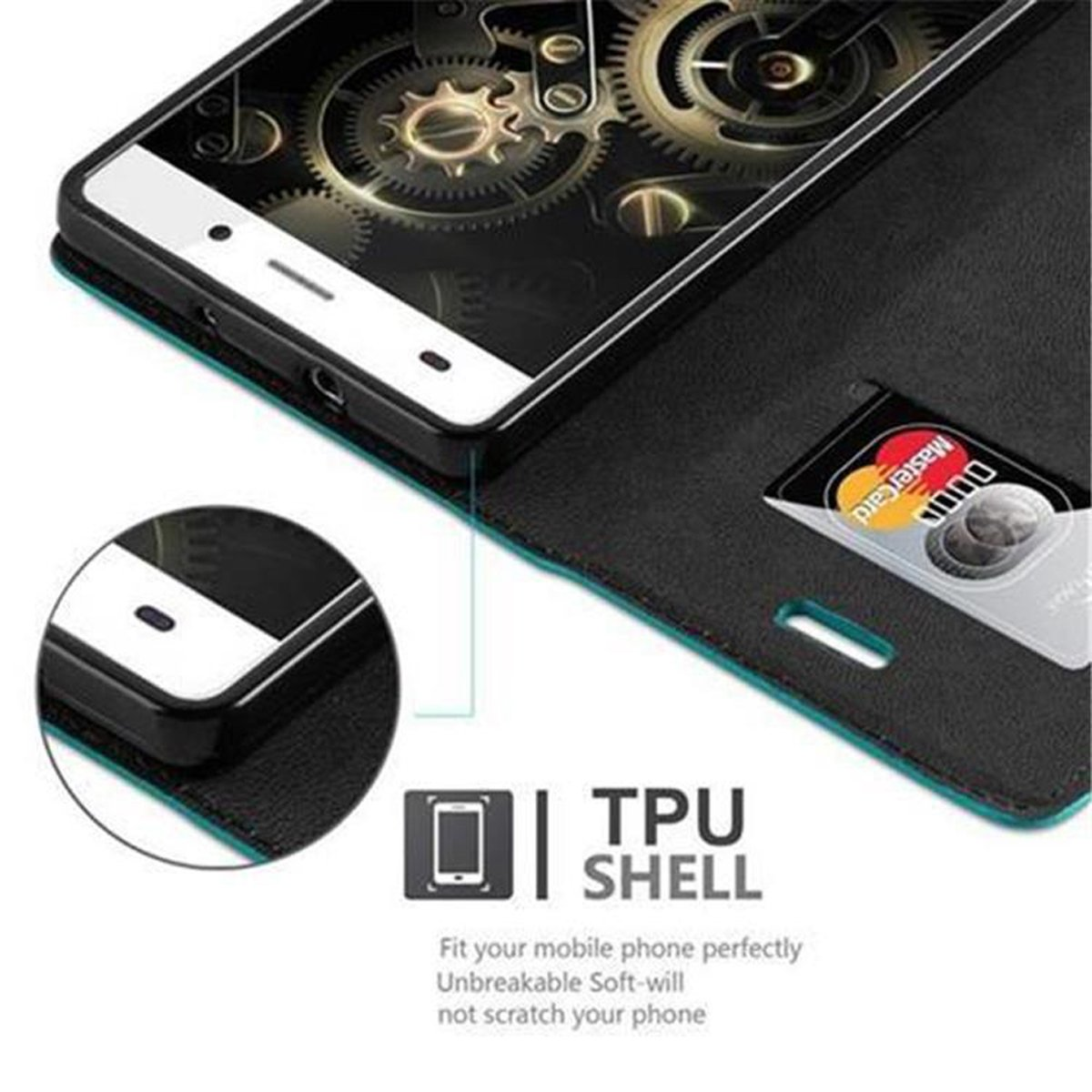 Un teléfono en una funda negra y verde azulado con una Mastercard y una ranura para tarjetas.