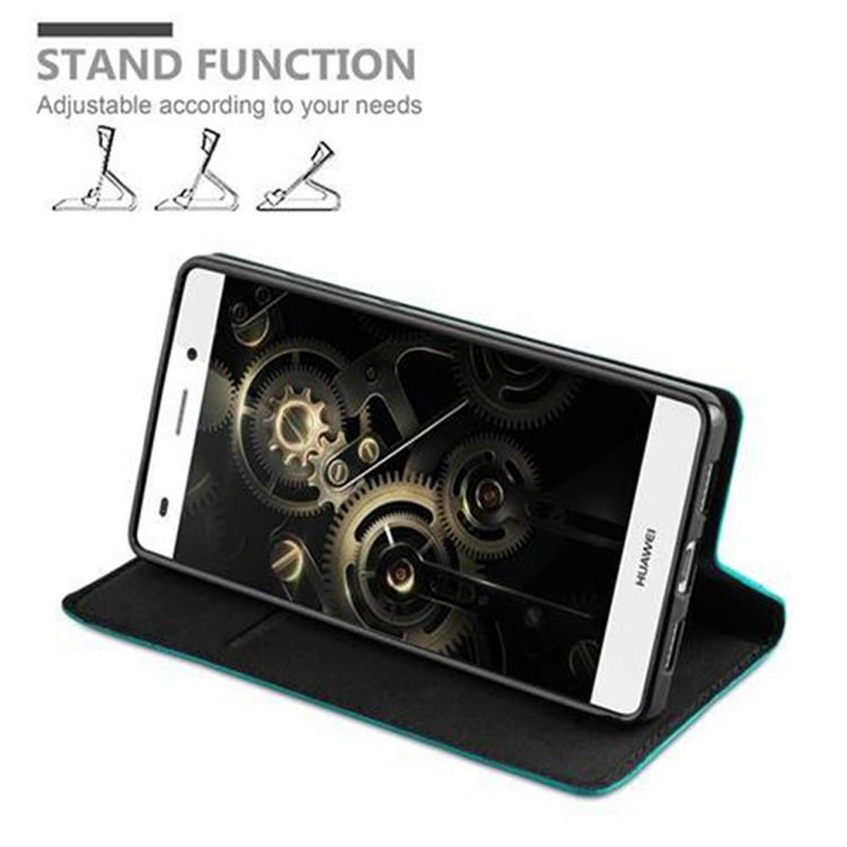 Un teléfono en una funda está apoyado. La pantalla muestra engranajes. La funda es negra y verde azulado.