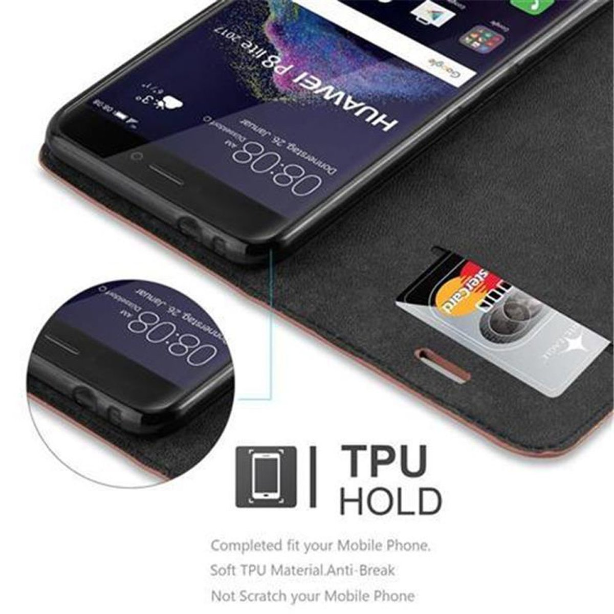 Telefono in custodia nera. Il display mostra lo schermo del telefono, carta di credito nella custodia.