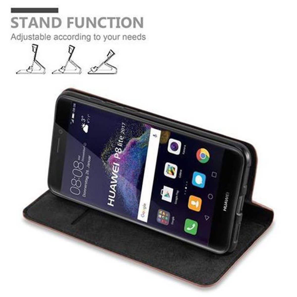 Custodia per telefono aperta con un telefono all'interno, che mostra il display. Sfondo nero.