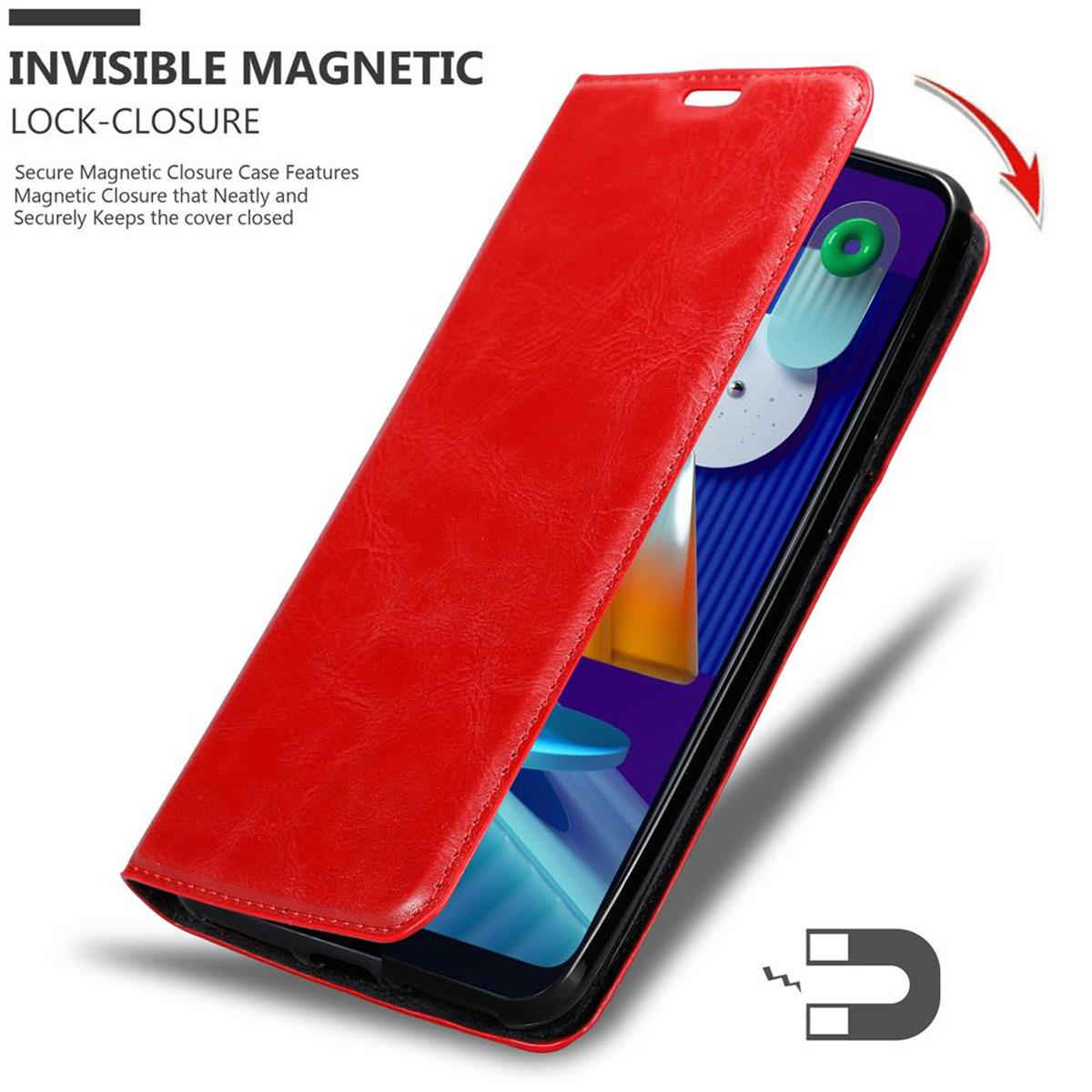 Custodia rossa per telefono aperta, rivela un telefono nero. Chiusura magnetica e slot per carte.