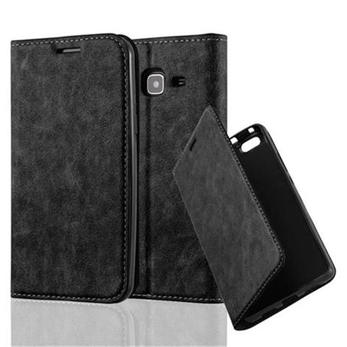 Funda de teléfono negra con cubierta abierta sobre fondo blanco, con el teléfono dentro.
