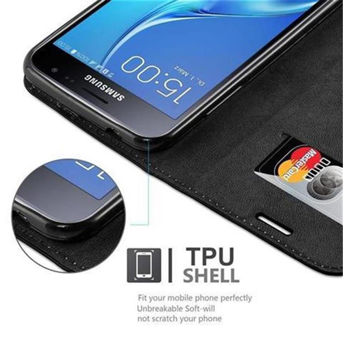 Funda negra para teléfono con teléfono dentro, tarjeta de crédito en ranura. Texto: TPU SHELL. El teléfono muestra la hora.