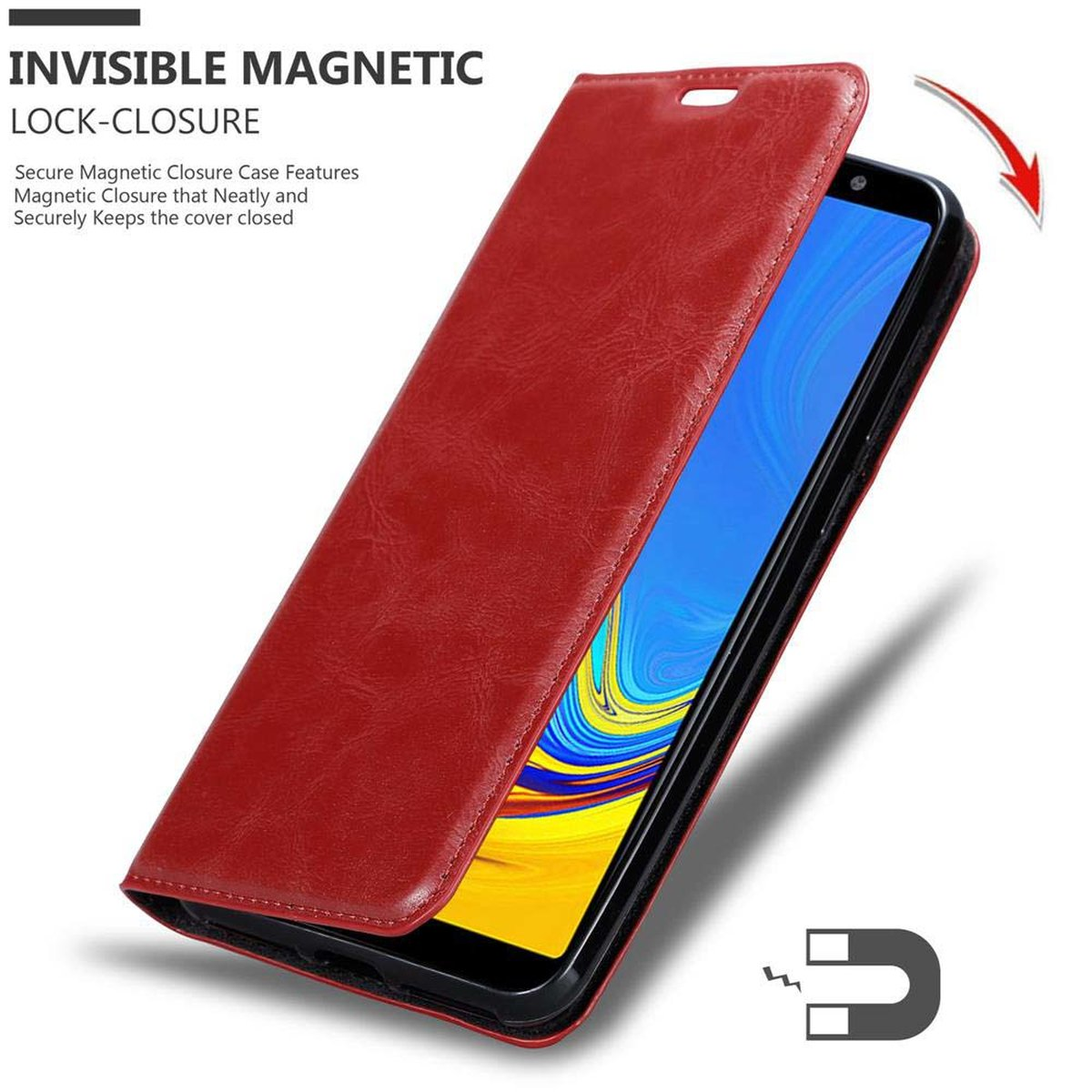 Custodia rossa per telefono con chiusura magnetica. Aperta, mostra il telefono.