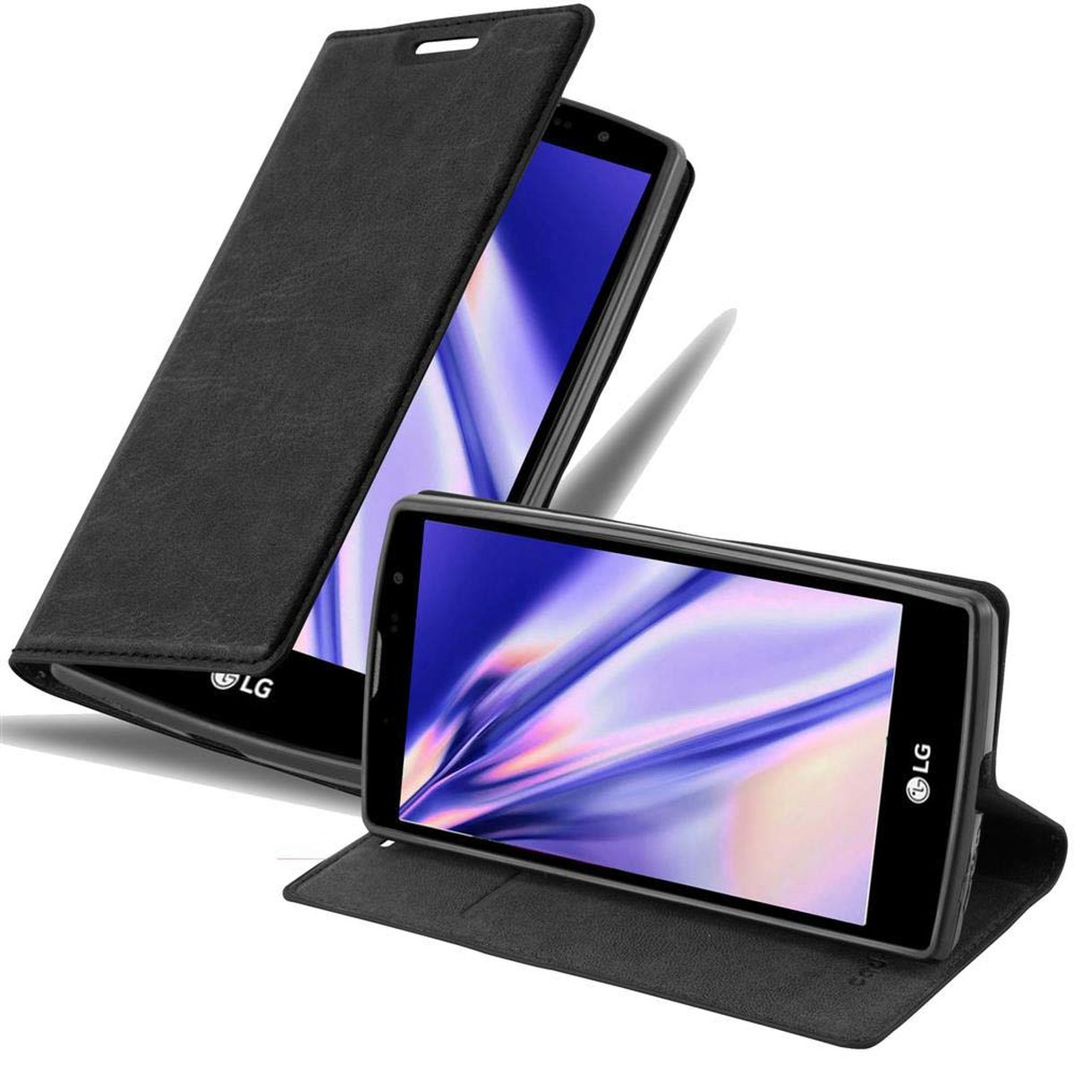 Funda negra para teléfono abierta con un teléfono dentro. Otra funda soporta el teléfono.