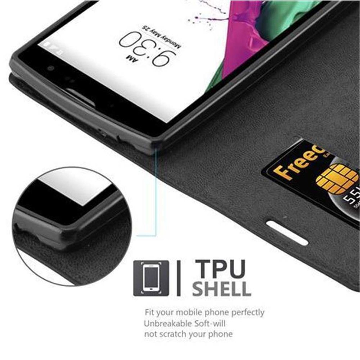 Un teléfono en una funda negra con ranura para tarjetas. La pantalla muestra la hora y la fecha.