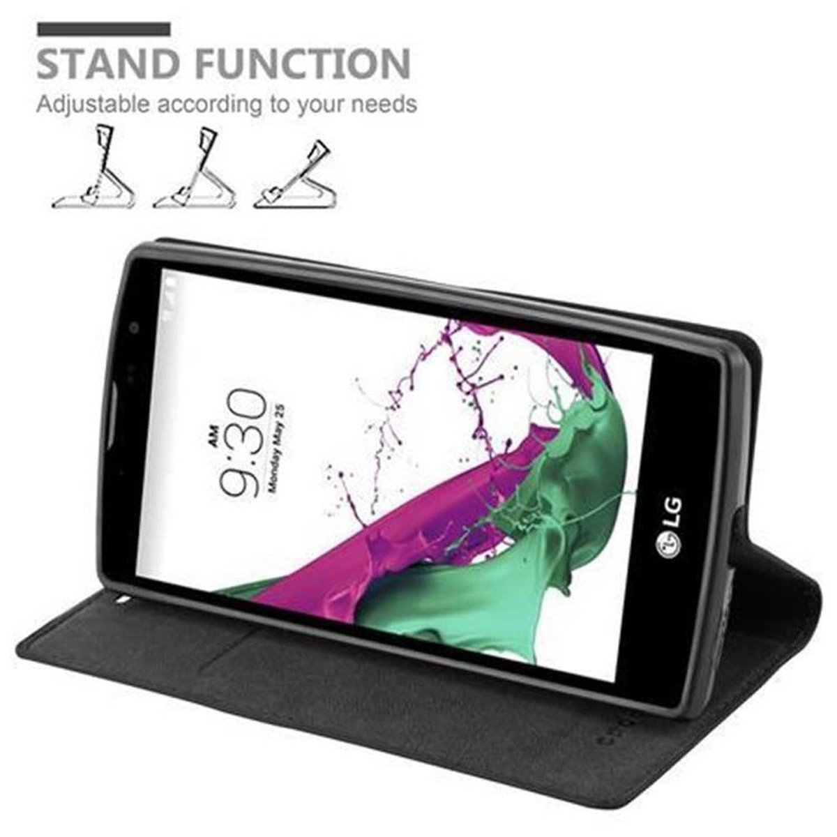 Un teléfono que muestra una pantalla de inicio, apoyado por una funda con función de soporte.