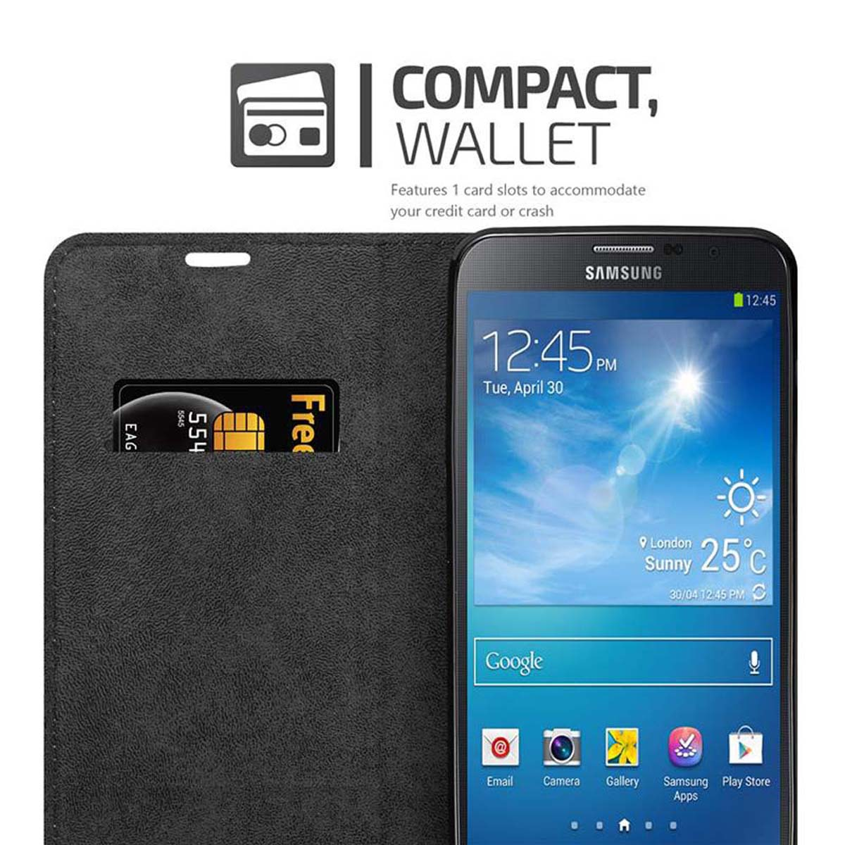 Eine schwarze Handyhülle mit einem Telefon, das Zeit und Wetter anzeigt, und eine Kreditkarte ist sichtbar.