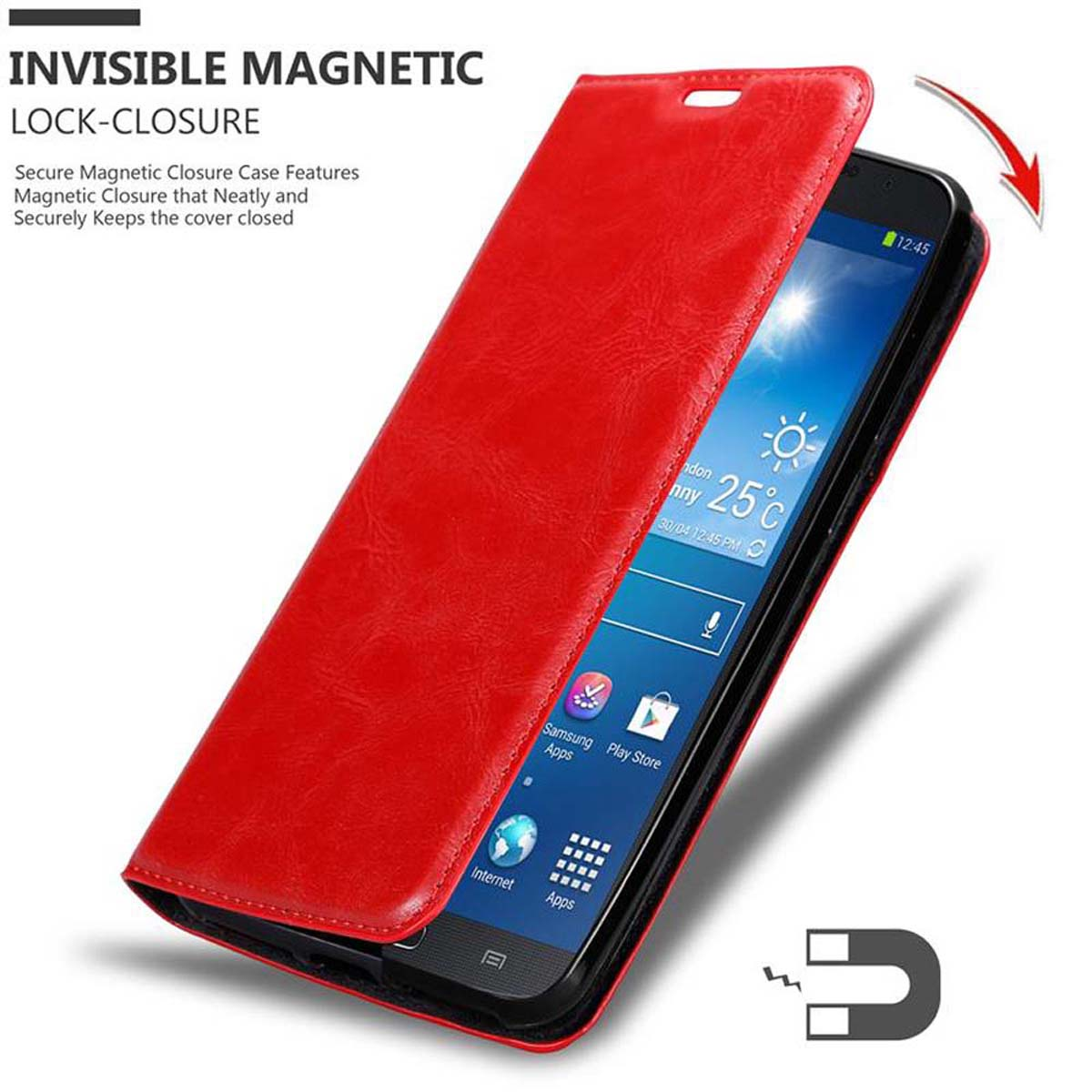 Eine rote Handyhülle ist geöffnet und zeigt den Bildschirm. Ein Magnetverschluss ist zu sehen.