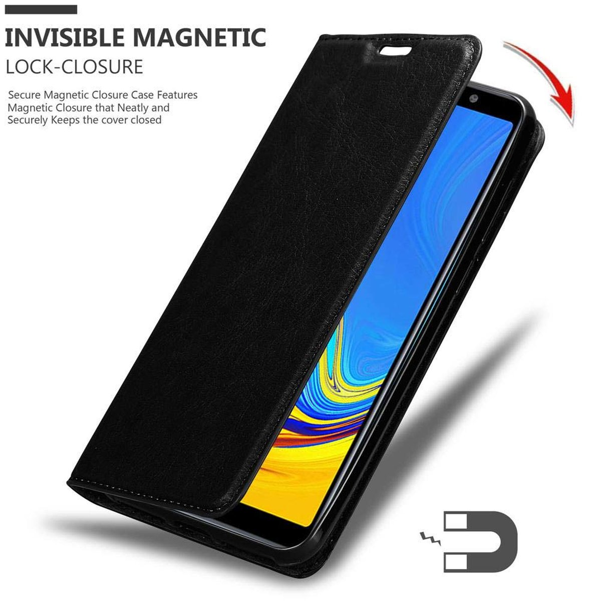 Custodia per telefono nera con coperchio aperto. Testo: Chiusura magnetica invisibile. La chiusura magnetica tiene il coperchio chiuso.