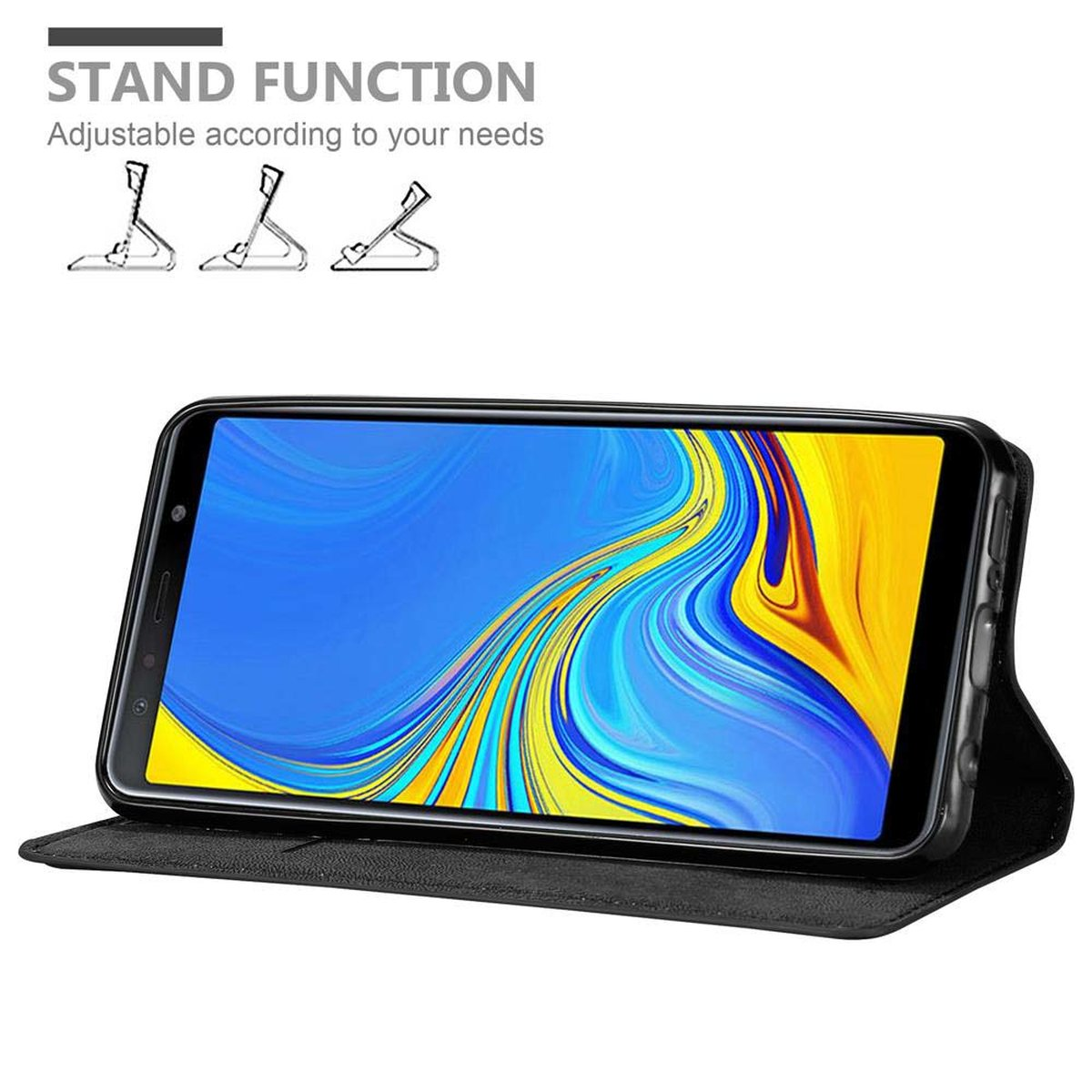 Custodia per telefono nera con telefono, illustrazioni della funzione stand.