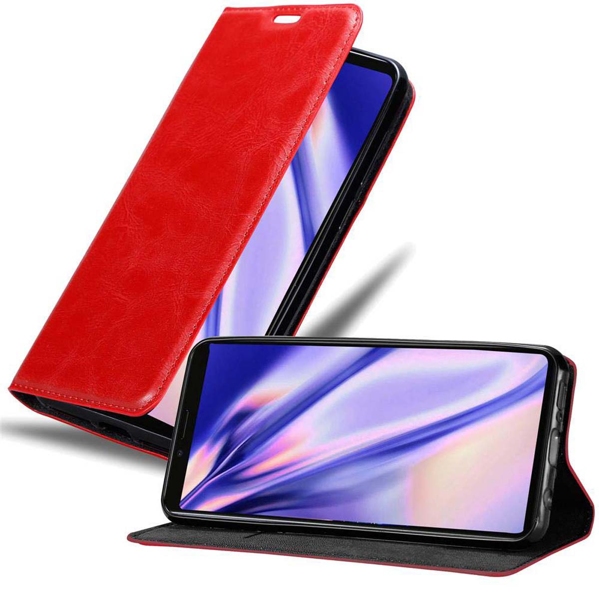 Una custodia per telefono rossa con un telefono all'interno. La custodia è aperta e lo schermo è visibile.