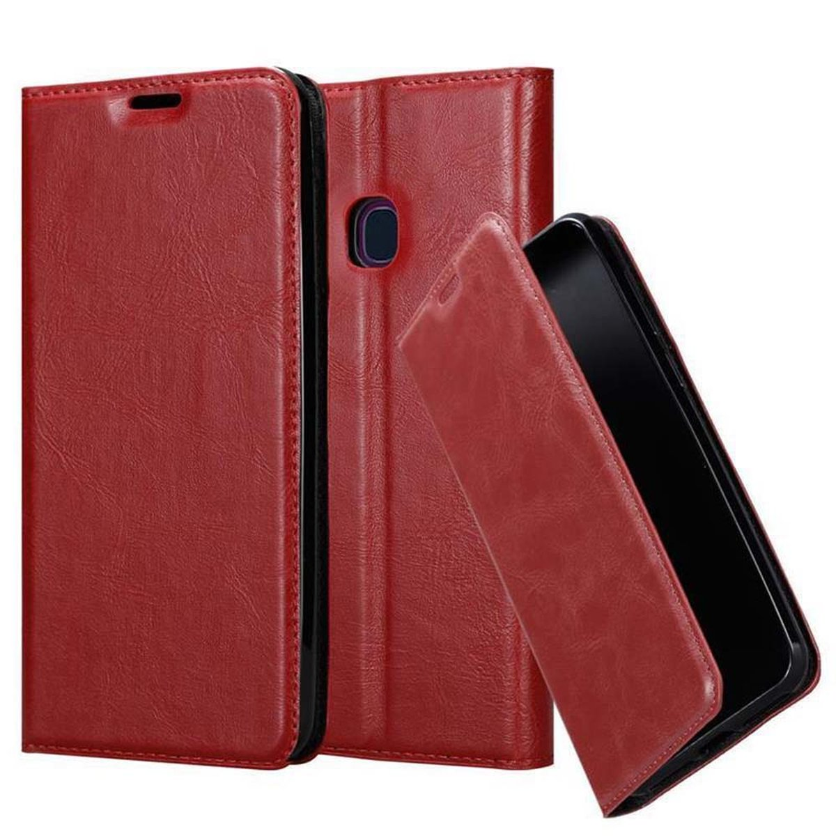 Funda roja para teléfono con teléfono. La funda muestra un teléfono dentro. La pantalla es negra.