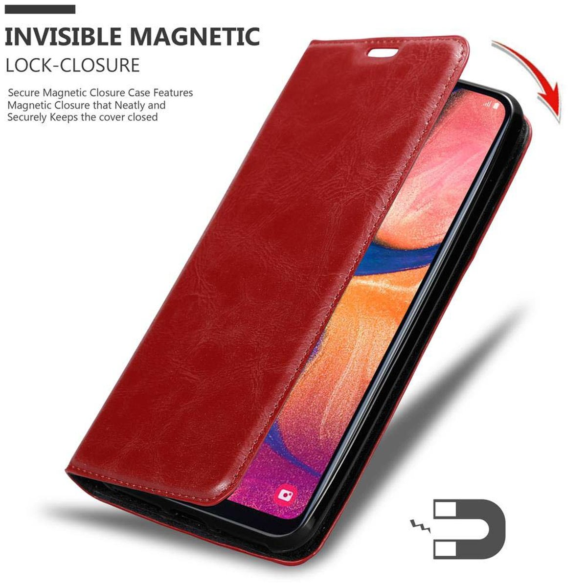 Funda roja de teléfono abierta, cubriendo un teléfono. Se muestra el cierre magnético.