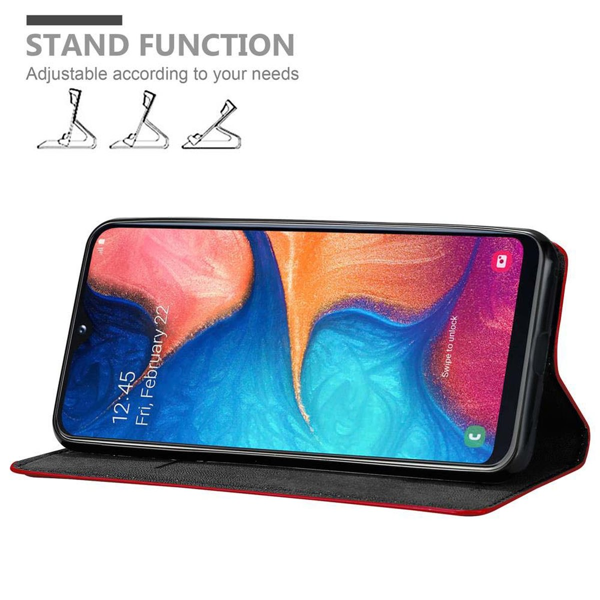 Una funda roja con un teléfono inclinado para su visualización. La pantalla muestra una aplicación.
