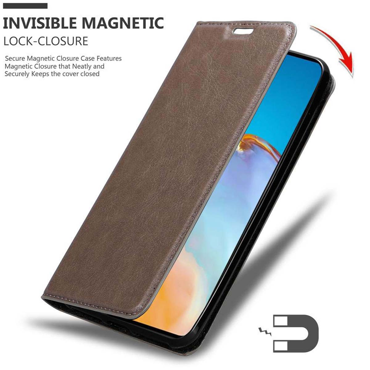 Braune Handyhülle mit Magnetverschluss, geöffnet, zeigt das Handy.
