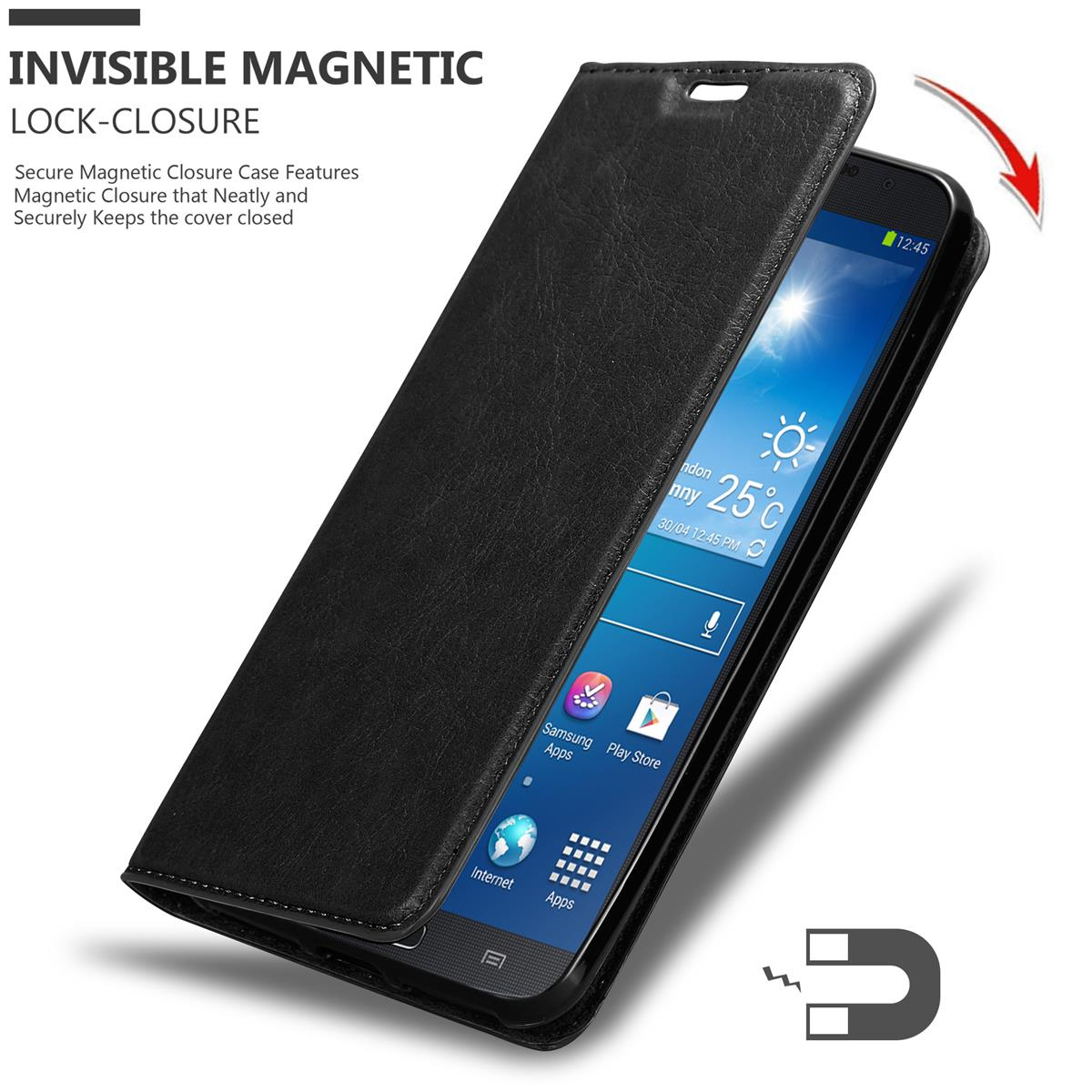 Schwarzes Smartphone in einer Hülle, geöffnet. Zeigt Zeit und Wetter. Ein Magnetsymbol ist sichtbar.