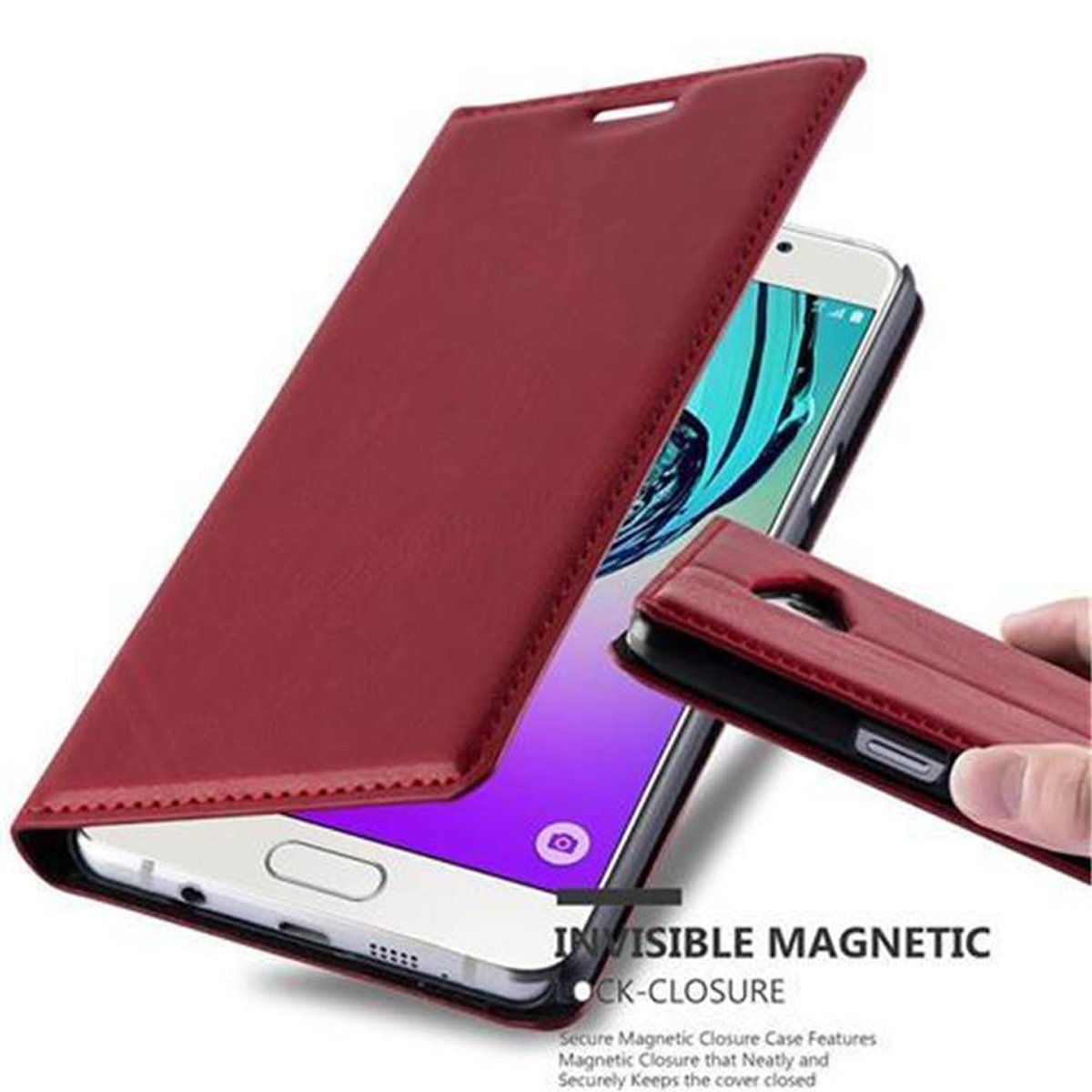 Una funda de teléfono burdeos, abierta, que revela un smartphone blanco. La funda está sobre una superficie blanca.