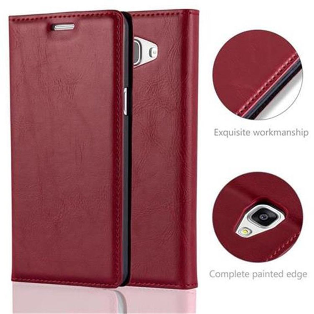 Funda roja abierta con un teléfono negro. Borde pintado completo y mano de obra exquisita.