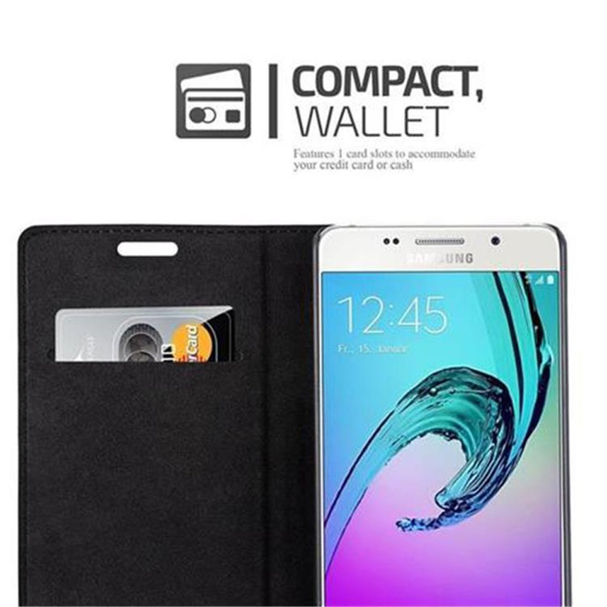 Una funda de teléfono con una ranura para tarjetas, con un teléfono dentro. La pantalla muestra la hora.
