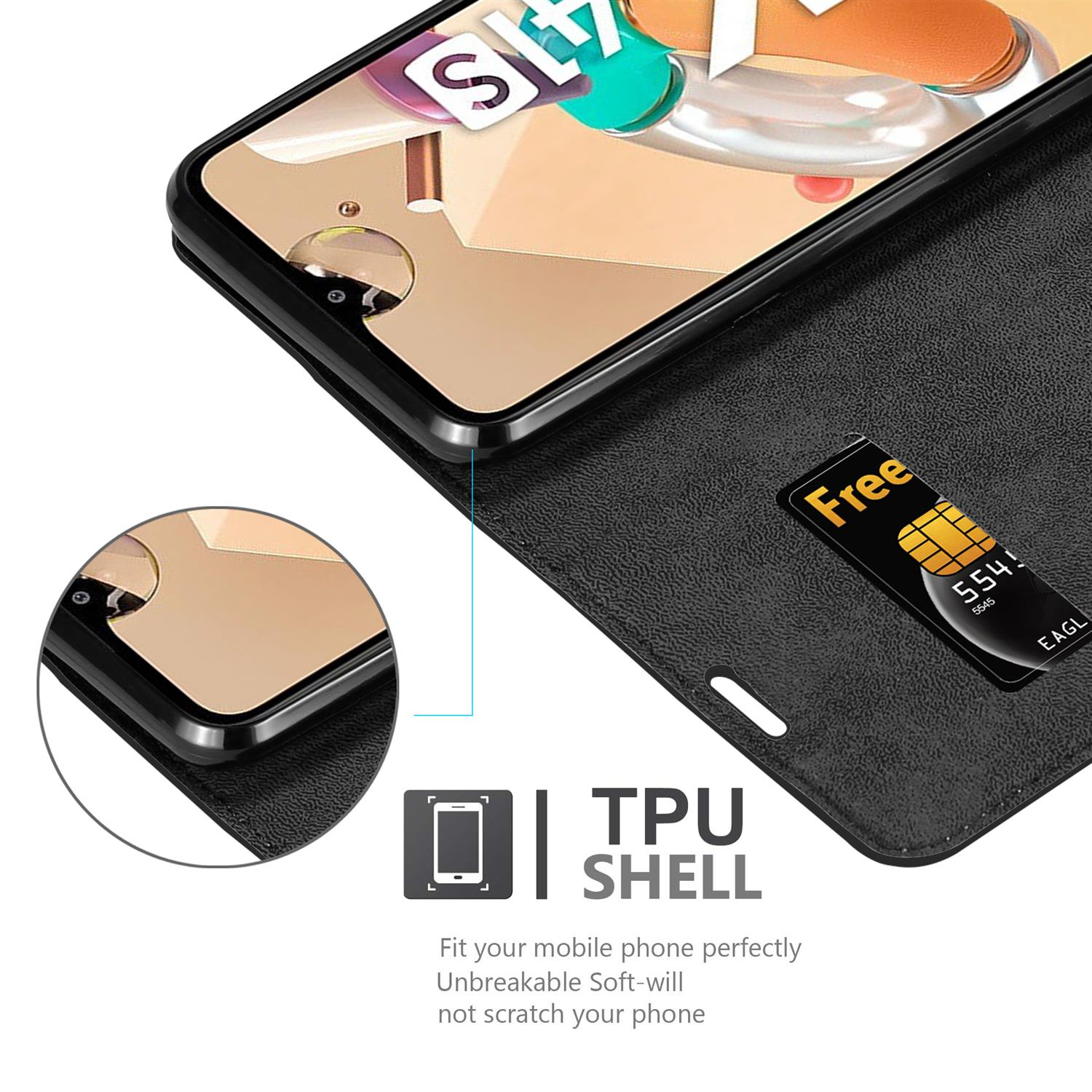 Custodia nera aperta, mostra schermo e slot per carte con carta.