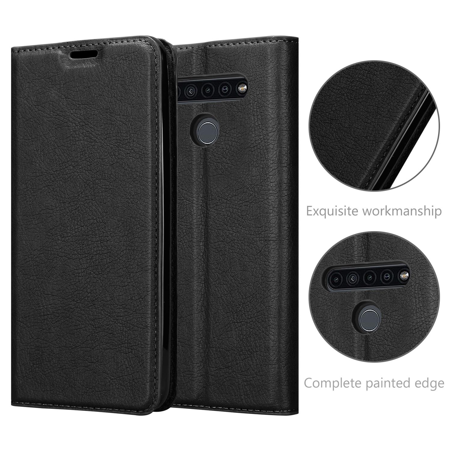 Custodia per telefono in pelle nera con dettaglio cuciture e fotocamera.