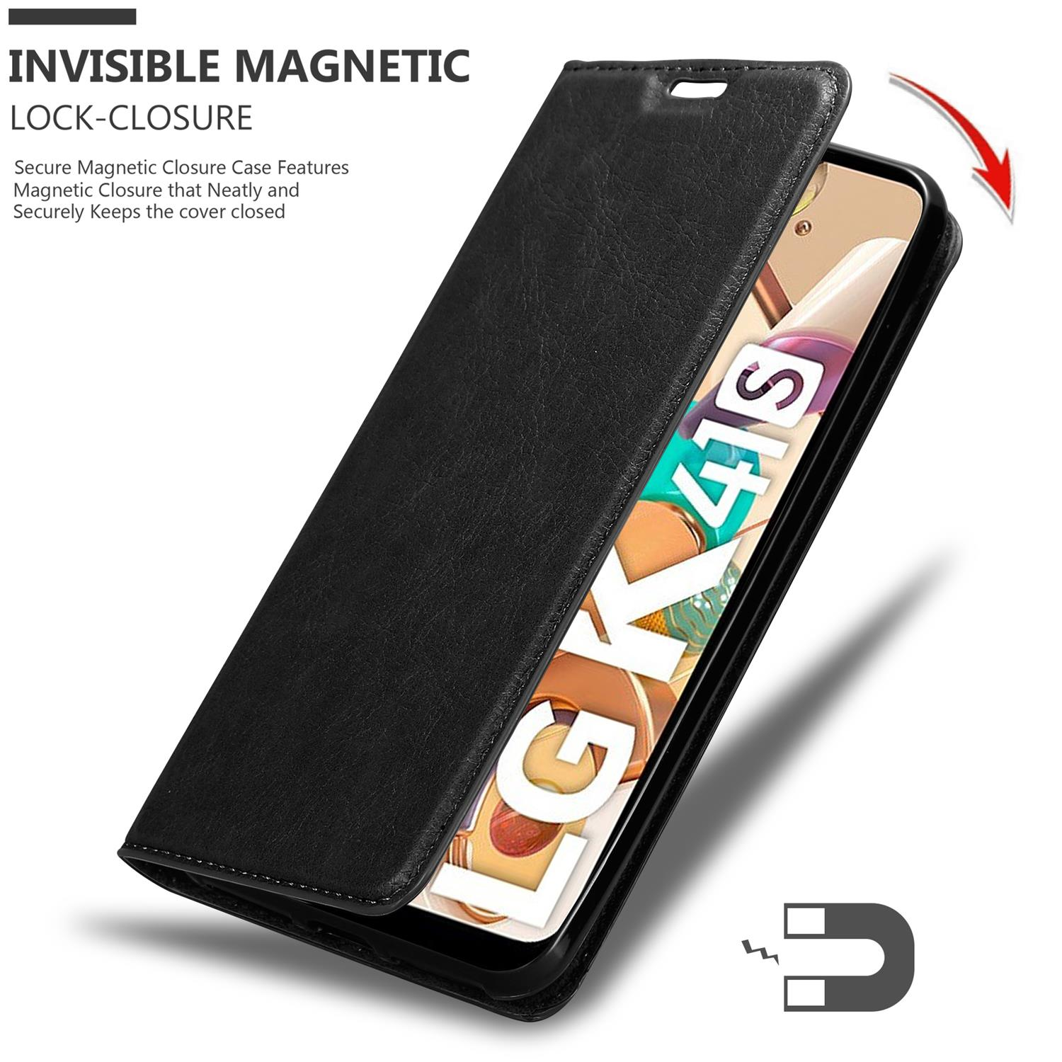 Custodia nera del telefono aperta, che mostra un telefono con il logo LG K41S. Simbolo del magnete presente.