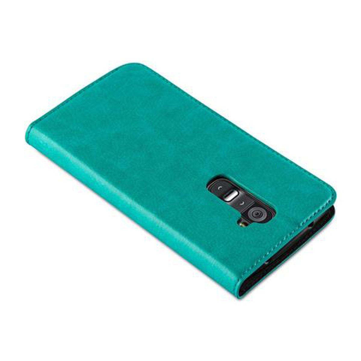 Una custodia per telefono verde acqua angolata. Una lente della fotocamera è visibile in alto al centro.