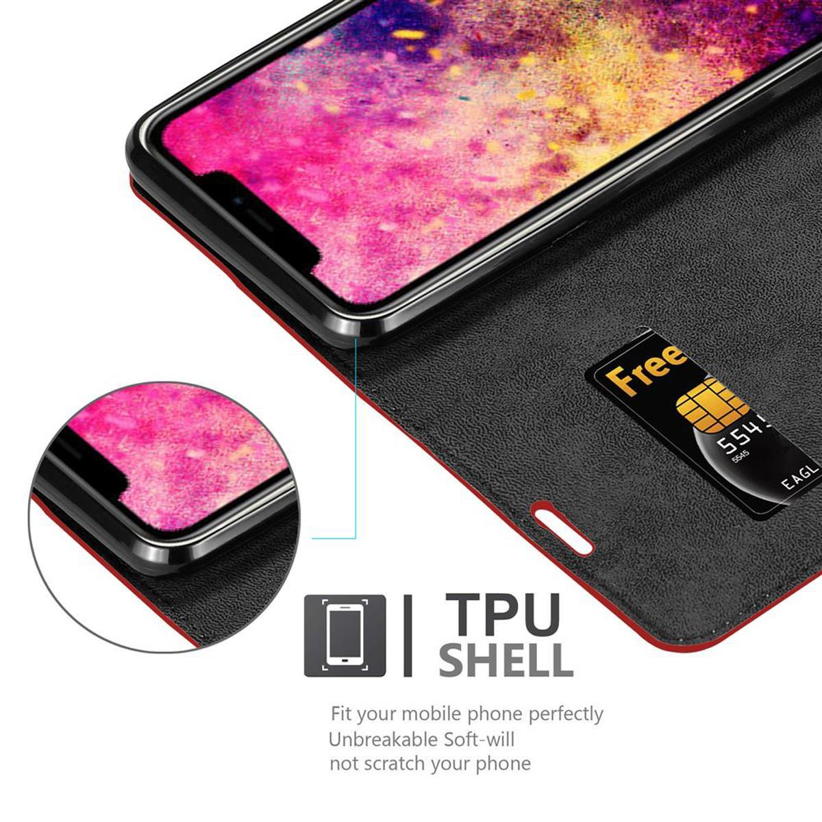 Schwarze Brieftaschen-Handyhülle mit Kreditkartenfach. Telefon innen, rosa Hintergrund.