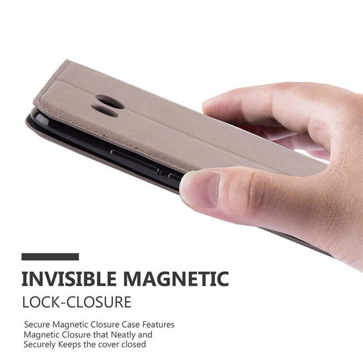 Hand hält eine Handyhülle. Text sagt 'Unsichtbarer Magnetverschluss' beschreibt die Produktmerkmale.