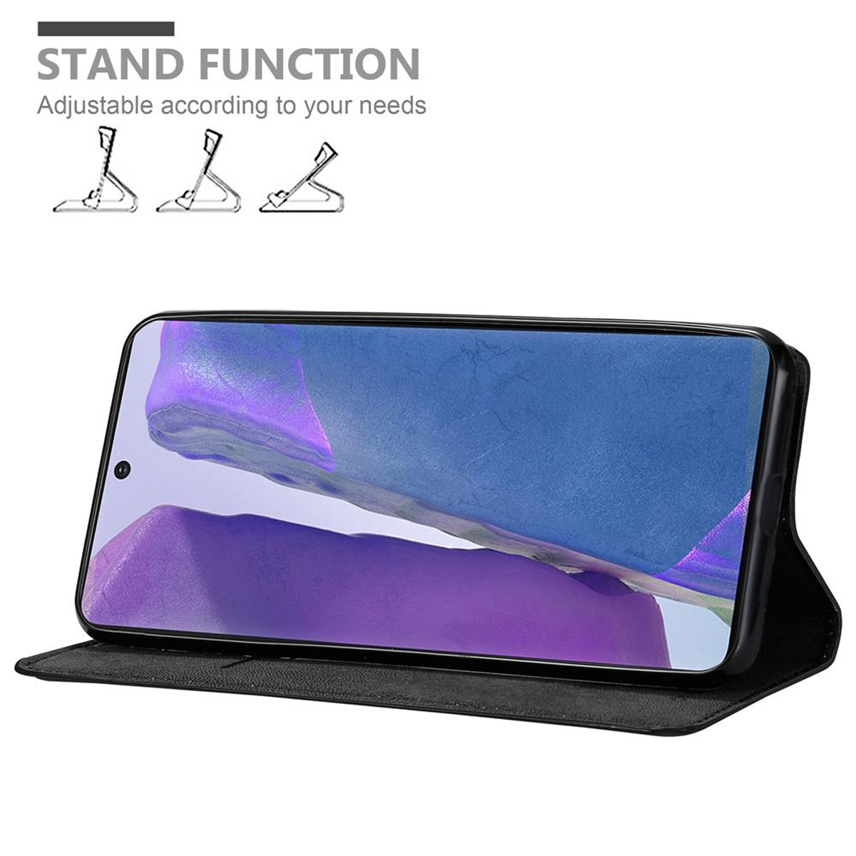 Telefono in una custodia nera, aperto come supporto. Lo schermo del telefono mostra un'immagine viola e blu.