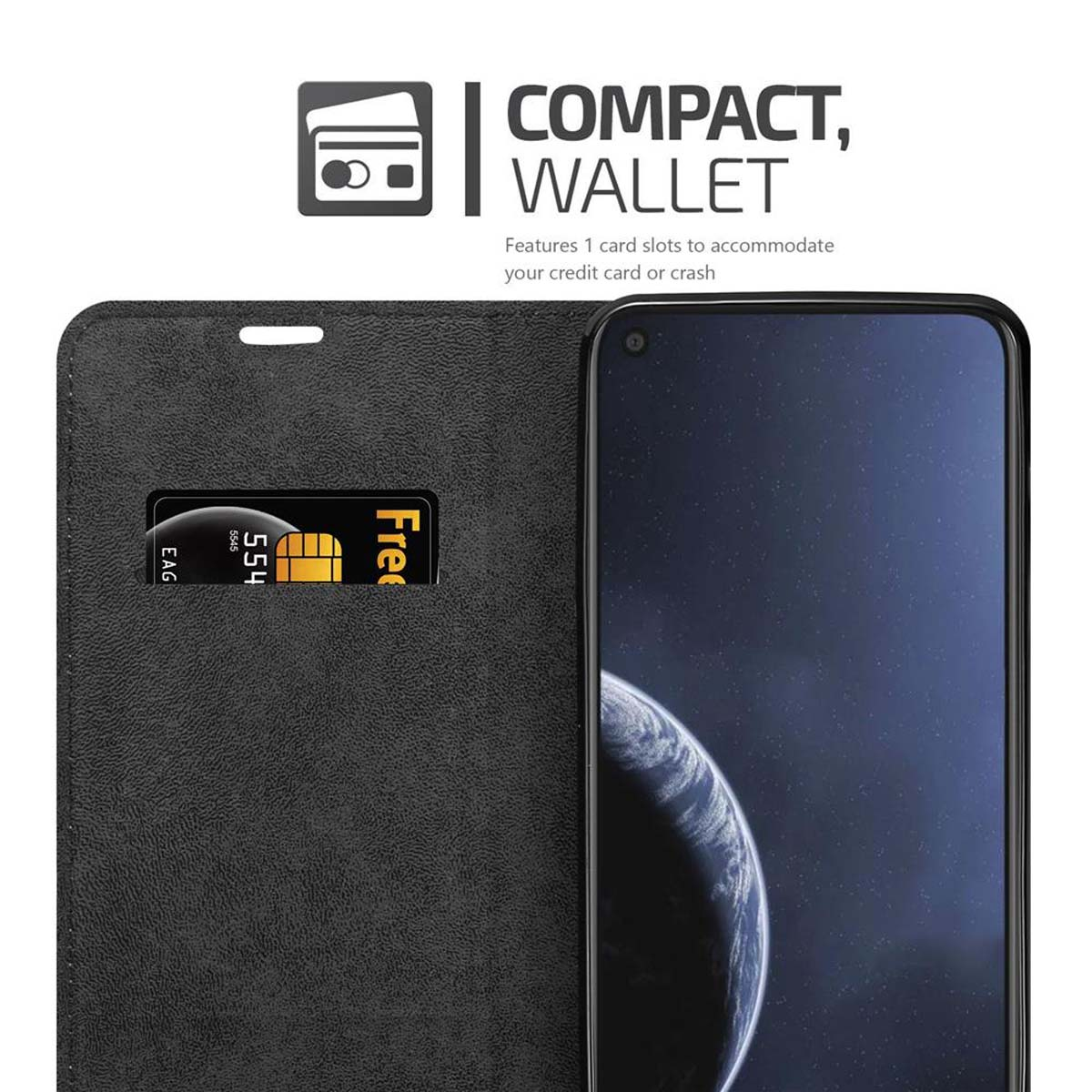 Eine schwarze Handyhülle, offen, mit Kreditkartenfach und Telefon. Text: Kompakt, Geldbörse.
