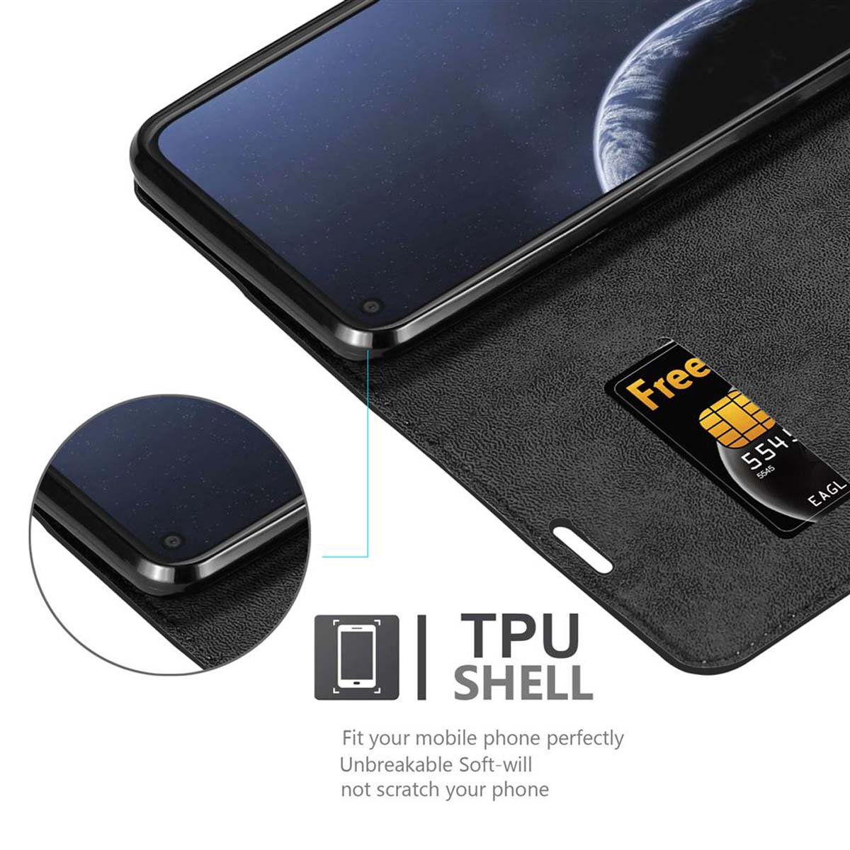 Schwarzes Telefon in einer schwarzen Hülle mit einer Karte. Nahaufnahme der Ecke des Telefons und der Hülle.