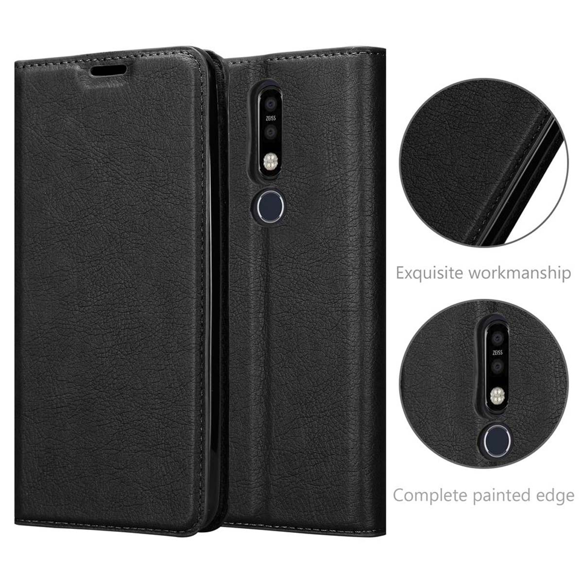 Eine schwarze Leder-Handyhülle mit Telefon, die exquisite und vollständige Details zeigt.