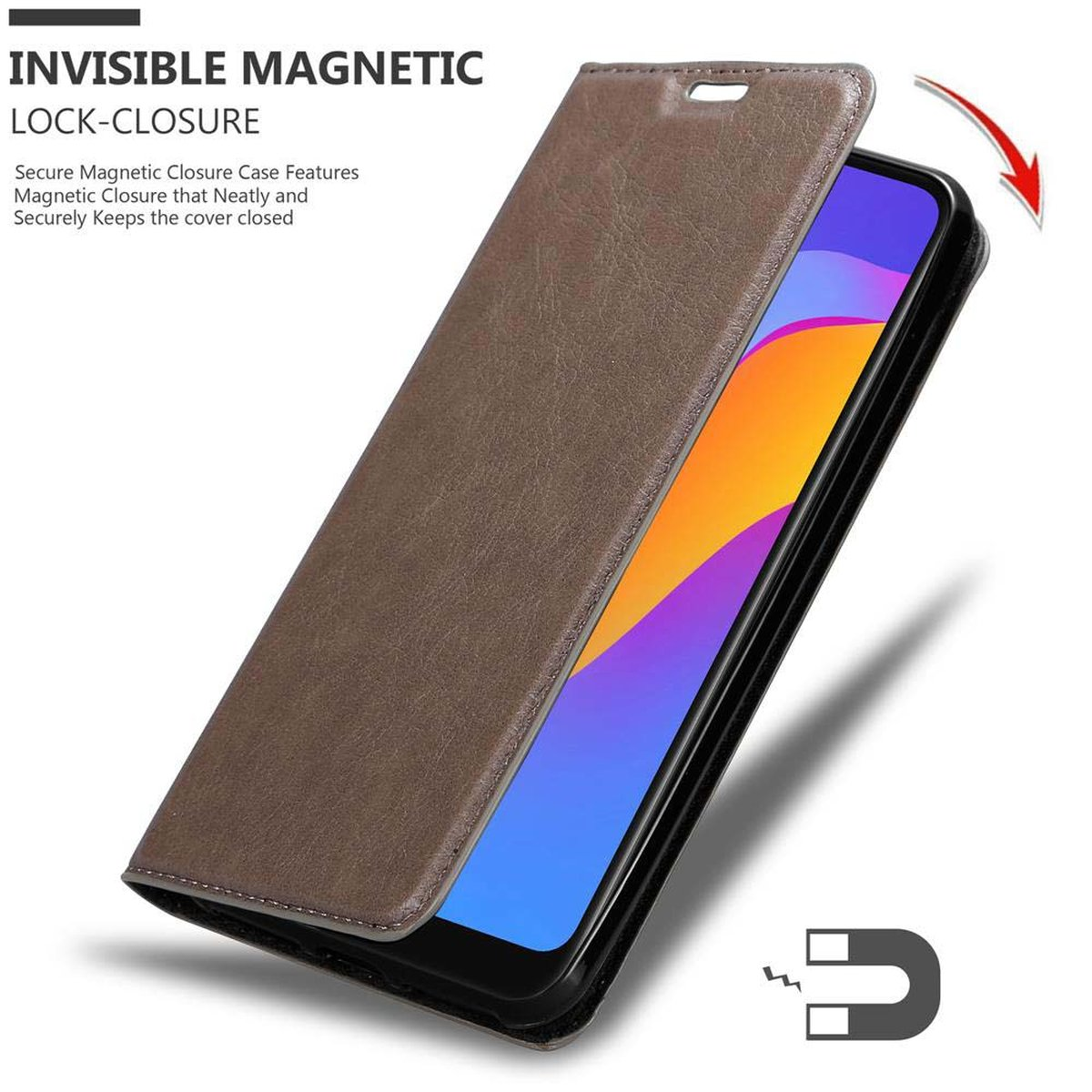 Eine braune Handyhülle, offen. Telefon im Inneren. Text: Unsichtbarer Magnetverschluss.