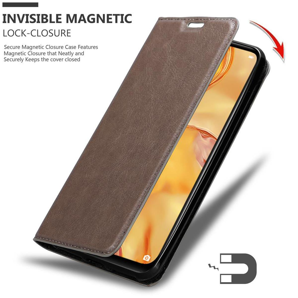 Geöffnete braune Handyhülle, Handy sichtbar. Der Magnet ist sichtbar.