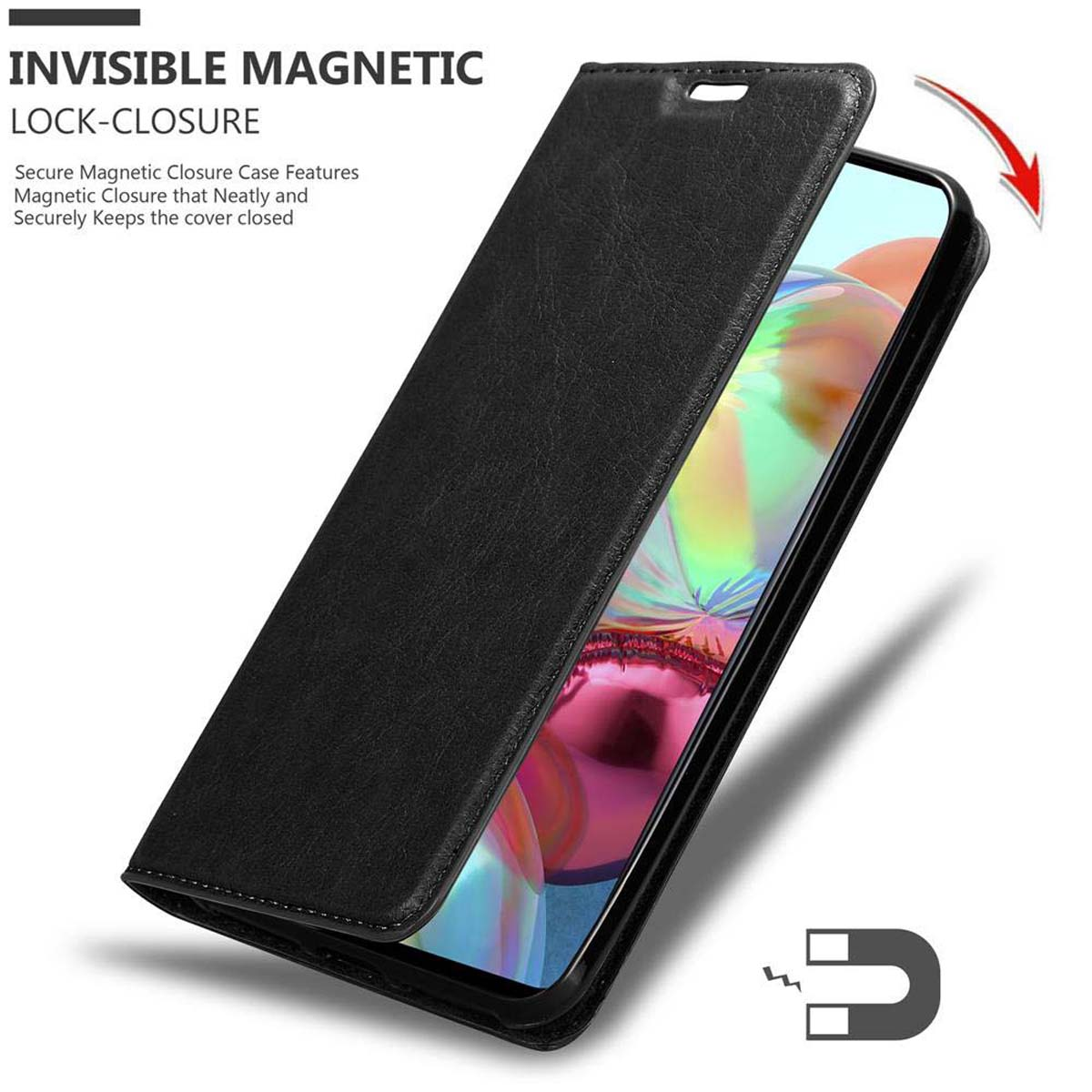 Custodia per telefono nera aperta, con chiusura magnetica e telefono all'interno.