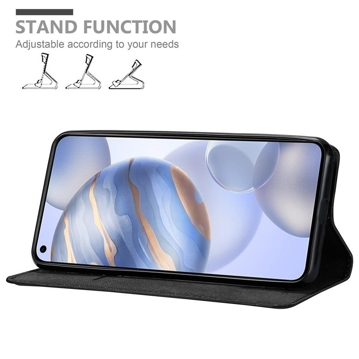 Custodia per telefono con funzione stand, pelle nera, telefono che mostra un'immagine blu.