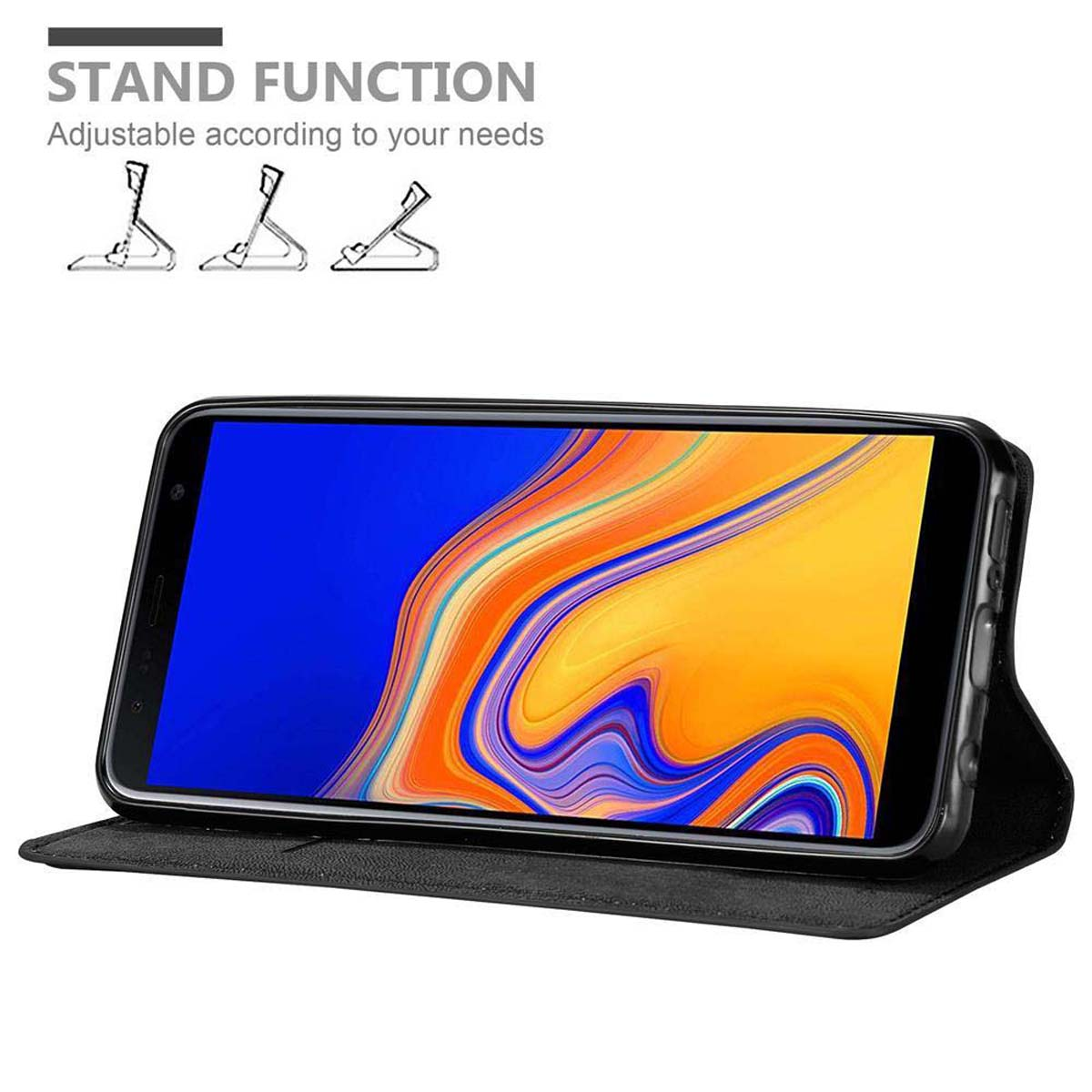 Eine schwarze Handyhülle, offen, mit einem Telefon darin, abgewinkelt, um die Standfunktion zu zeigen.