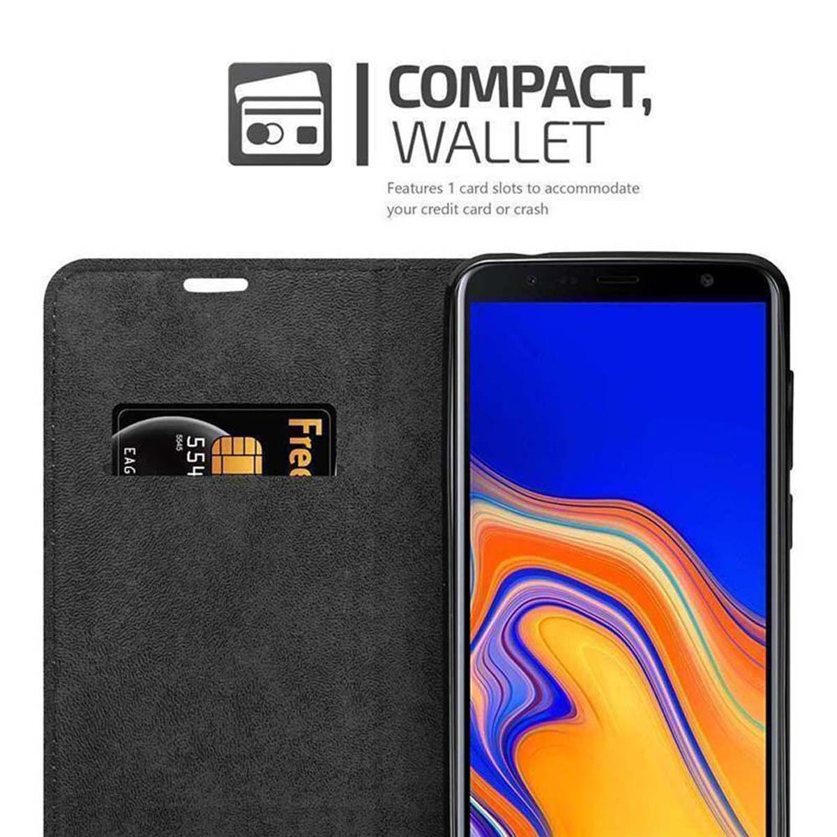 Schwarze Handyhülle mit Kreditkartenfach. Der Text lautet 'COMPACT, WALLET'.
