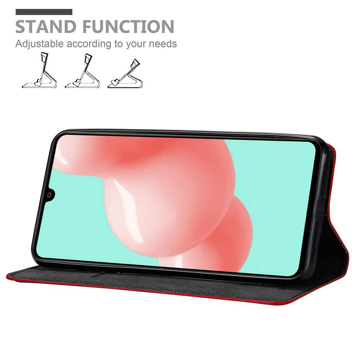 Tablet in una custodia con funzione supporto, che mostra lo schermo con un'immagine.