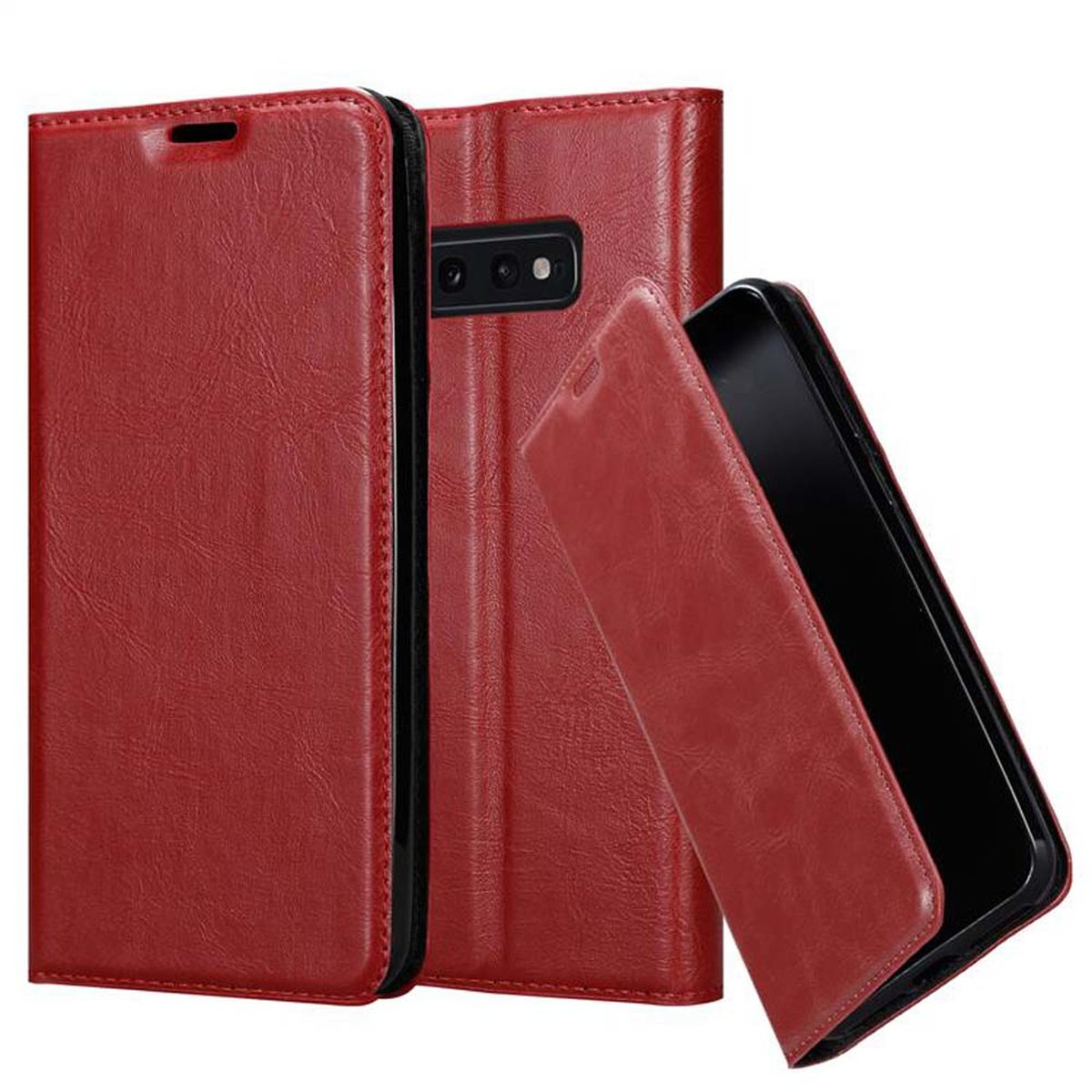 Rote Handyhülle mit Telefon. Handyhülle zeigt ein Telefon im Inneren. Display ist schwarz.