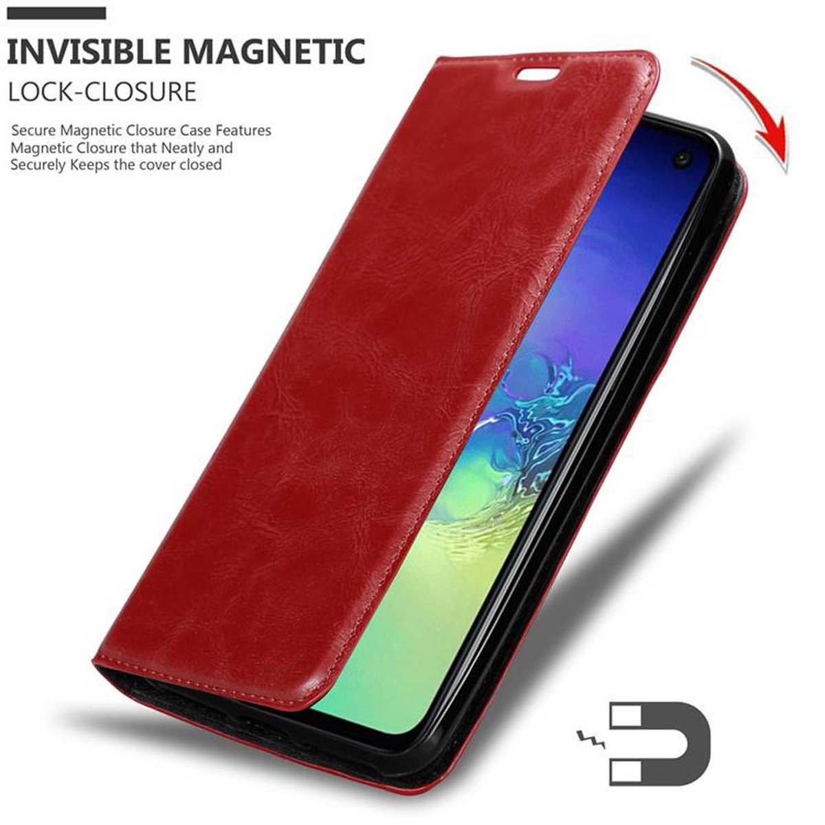 Rote Handyhülle mit geöffneter Abdeckung. Text: Invisible Magnetic Lock-Closure. Magnetverschluss hält die Abdeckung geschlossen.